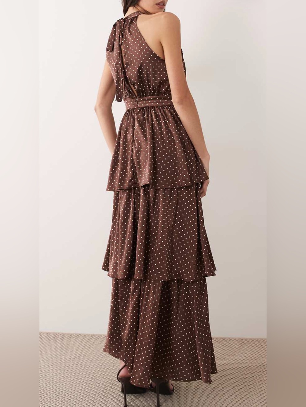 VILA Brown Polka Dot Tiered Halter Maxi Dress with Cream Dots